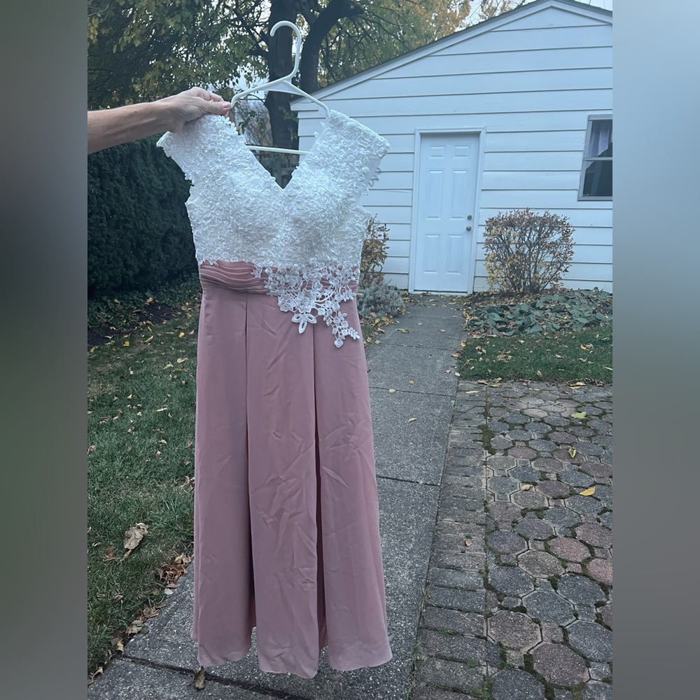 Tea-length white lace & champagne dress with a zip back